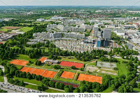 Aerial view of Munich Olympic village and tennis couts  from Olympiaturm (Olympic Tower). Munich, Bavaria, Germany