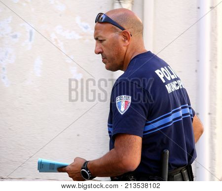 Sete, Herault, France  - Aug 21 2017: French City Police Officer, 