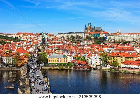 View of Mala Strana, Charles bridge and Prague castle from Old Town bridge tower over Vltava river. Prague, Czech Republic