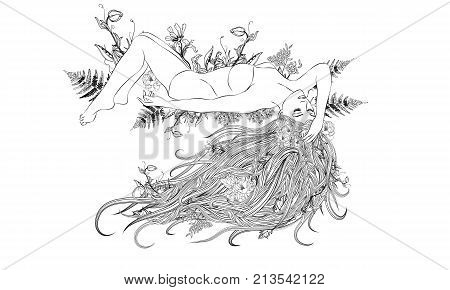 Young woman with long hair and floral wreath with heart leaves. Vector illustration on vintage pink background