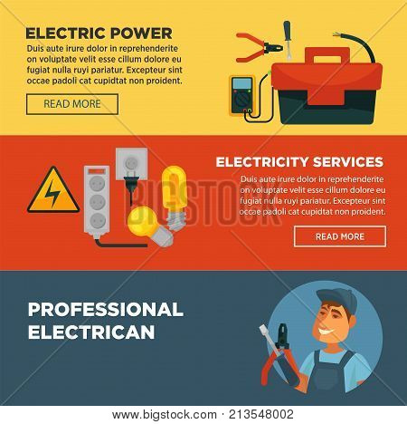 Electricity repair service or professional electrician web banners flat template design. Vector electric engineer or electricity repairman worker with work tools lamps, plug and socket