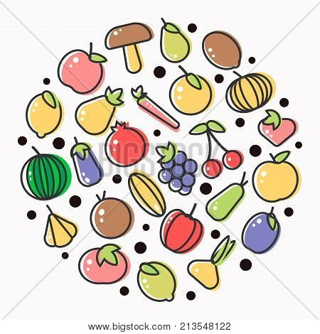 Fruits and vegetables poster of flat outline veggie and berry icons. Vector tomato or garnet and apple, cucumber or squash and melon, exotic avocado or tropical banana and farm fresh grape or cherry