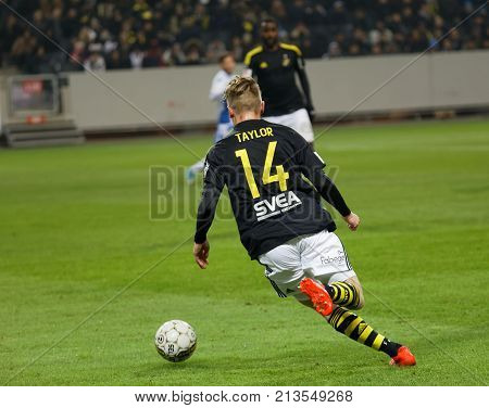 Solna Sweden - Oct 30 2017: Soccer Player Robert Taylor (aik) Make A Turn. October 30 2017solnaswede