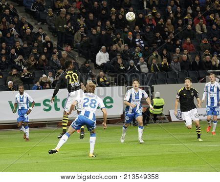 Solna Sweden - Oct 30 2017: Soccer Player Chinedu Obasi Nicking The Ball Audience In Backgroundyer S