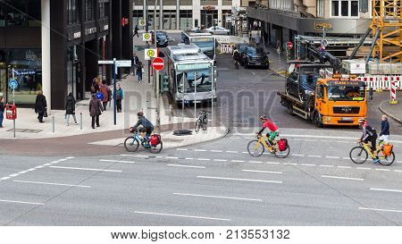 Bicyclists On Willy-brandt-strasse In Hamburg