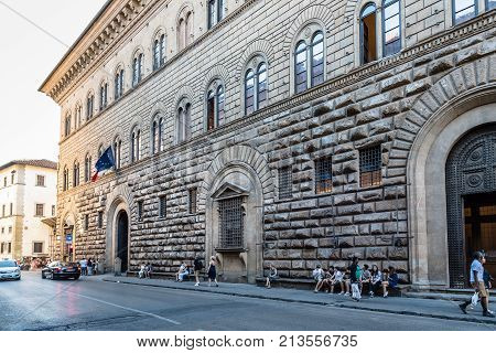 Florence, Italy - August 23, 2016: Palazzo Medici Riccardi in Florence a sunny day of summer. It is a renaissance palace and an example of civil architecture, was designed by Michelozzo di Bartolomeo