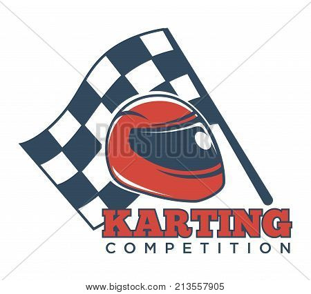 Karting competition advertisement logotype with red helmet for races with tinted glass and checkered flag for start announcement isolated cartoon flat vector illustration on white background.