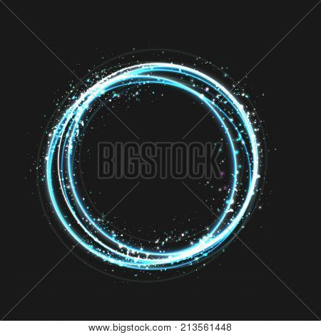 Circle light effect with round glowing elements, particles and stars on dark background. Shiny glamour design elements for the Christmas, night party, birthday party - for banners, flyers and backgrounds. Vector illustration