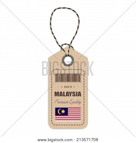 Hang Tag Made In Malaysia With Flag Icon Isolated On A White Background. Vector Illustration. Made In Badge. Business Concept. Buy products made in Malaysia. Use For Brochures, Printed Materials, Logos, Independence Day