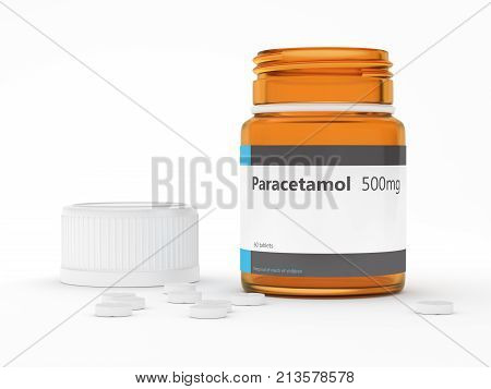 3D Rendering Of Paracetamol Bottle With Pills Over White