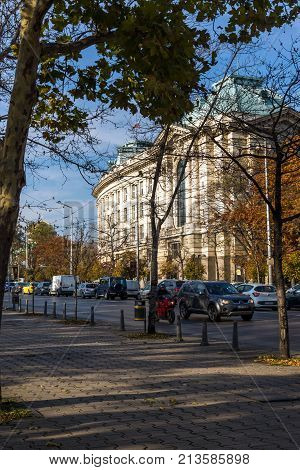 SOFIA, BULGARIA - NOVEMBER 7, 2017: Sunset view of University of Sofia St. Kliment Ohridski, Bulgaria