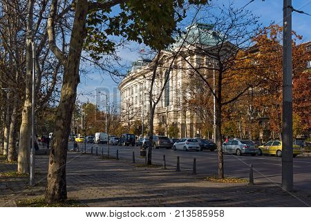 SOFIA, BULGARIA - NOVEMBER 7, 2017: Sunset view of University of Sofia St. Kliment Ohridski, Bulgaria