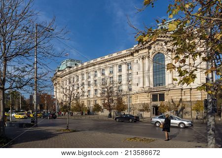 SOFIA, BULGARIA - NOVEMBER 7, 2017: Sunset view of University of Sofia St. Kliment Ohridski, Bulgaria