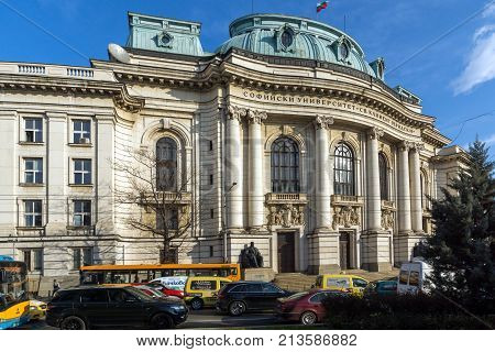 SOFIA, BULGARIA - NOVEMBER 7, 2017: Sunset view of University of Sofia St. Kliment Ohridski, Bulgaria