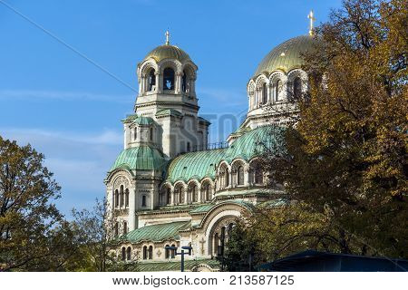 SOFIA, BULGARIA - NOVEMBER 7, 2017: Sunset view of Cathedral Saint Alexander Nevski in Sofia, Bulgaria