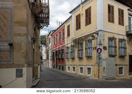 XANTHI, GREECE - SEPTEMBER 23, 2017: Street and old houses in old town of Xanthi, East Macedonia and Thrace, Greece