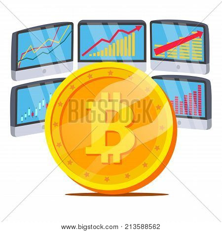 Bitcoin With Graph Diagram Vector. Trading Monitors And Trend. Digital Money. Cryptocurrency Investment Concept. Isolated