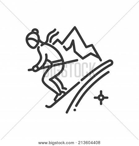 Mountain skiing - line design single isolated icon on white background. Image of a man going down the hill, schussing. Winter sports concept