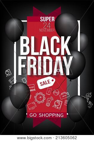 Black air balloon on contrast black background. Vector illustration