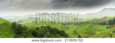 Panoramic image of beautiful scenery of mountains along the way on Whanganui river road in National Park in Autumn Whanganui North Island of New Zealand