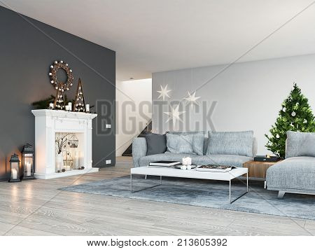 living room with fireplace in modern loft apartment. 3d rendering