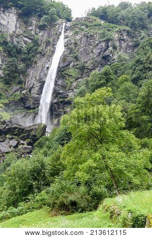 Waterfall Of Foroglio In Bavona Valley On Switzerland