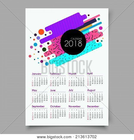 Calendar 2018. Retro vintage 80s or 90s fashion Memphisstyle. Trendy geometric elements. Trendy colors. Eps 10