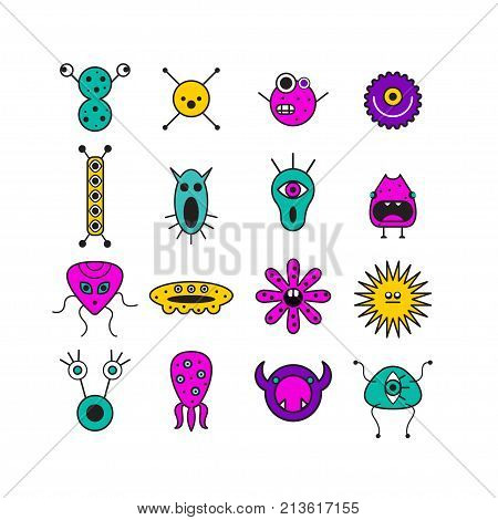 Set of icons with monsters. Colored funny microbes. Stock vector