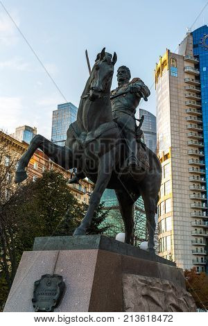 Moscow, Russia -November 2. 2017. Monument to Russian General Bagration before a business center Tower-2000