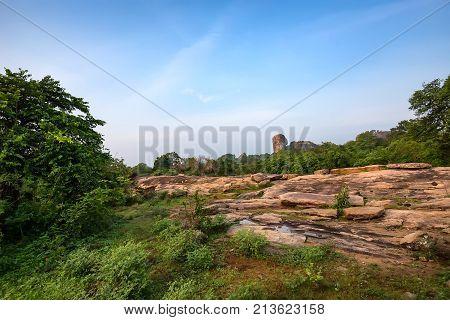 Scenic view with inselberg or monadnock known as Turtle in Yala National Park, Sri Lanka
