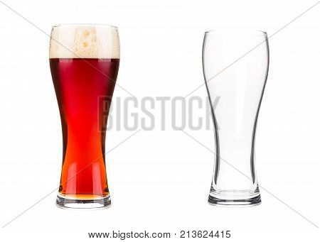 Two beer glasses isolated on white background. Empty mug and mug filled with red beer with bubbles and foam. Graphic design element for brewery ad, beer garden poster, flyers, printables.