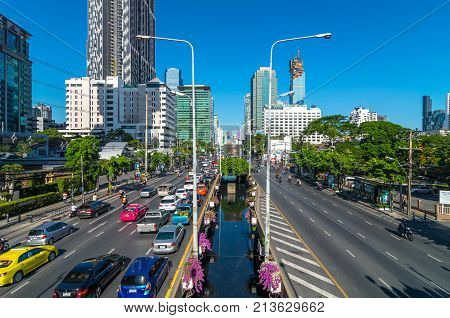 BANGKOK - JUNE 30 2015: Traffic on the sathorn road at the morning as working hour on July 30 2015 in Bangkok Thailand. sathorn business district is the center of bangkok.