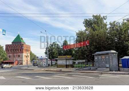 Nizhny Novgorod, Russia. - September 26.2017. Dmitrievskaya Tower of the Nizhny Novgorod Kremlin on the area of Minin and Pozharsky