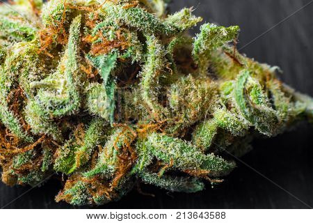 Macro photos of marijuana cones with leaves covered with trichomes. The cannabis plant clse view.