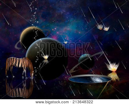 Surrealism. 3D rendering. Exosolar planets and meteor shower. Striped horse and wormhole to another dimension.