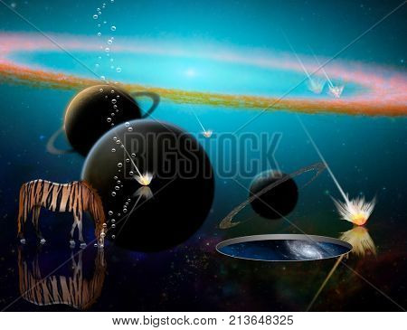Surrealism. 3D rendering. Exosolar planets and meteor shower. Striped horse and wormhole to another dimension.