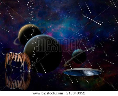 Surrealism. 3D rendering. Exosolar planets and meteor shower. Striped horse and wormhole to another dimension.