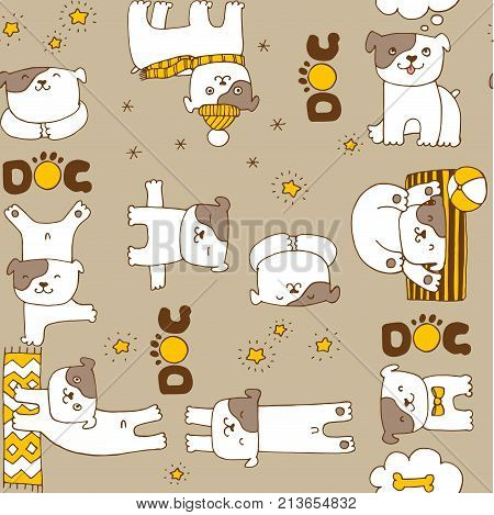 hand drawn cartoon little dog seamless pattern