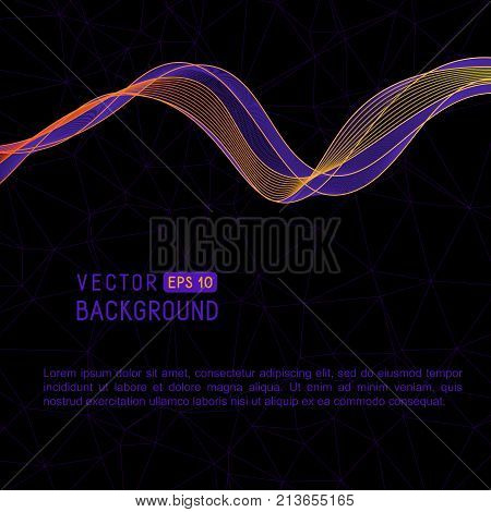 Universal Abstract Background with Horizontal Violet and Yellow Wave Line on Black Backdrop. Template with Smooth Wavy Curved Line for your Text Information Publication.