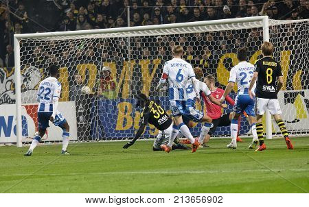 Solna Sweden - Oct 30 2017: Soccer Player In A Chaotic Situation In Front Of The Goal Net In The Gam