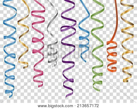 Colorful curly ribbons set on transparent background. Stock vector illustration