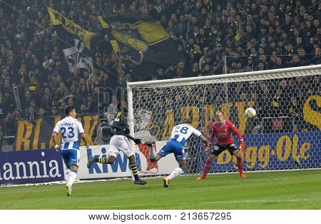 Solna Sweden - Oct 30 2017: Soccer Player Thomas Rogne (ifk Goteborg) Nick On Goal. October 30 2017s
