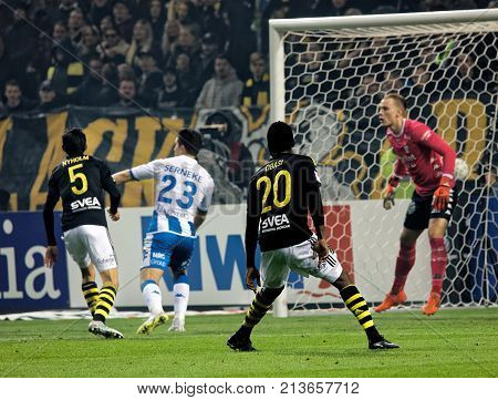 Solna Sweden - Oct 30 2017: Soccer Player In The Game Aik And Ifk Gothenburg Close To The Goal. Octo