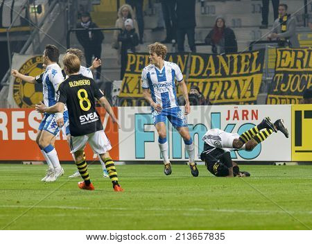 Solna Sweden - Oct 30 2017: Soccer Player Henok Goiom (aik) Getting Folded. October 30 2017solnaswed