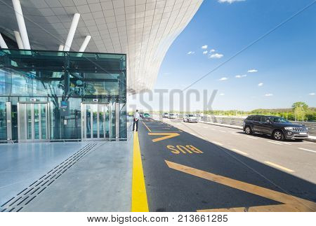 ZAGREB AIRPORT - 24 APRIL 2017: Exterior of arrivals terminal.