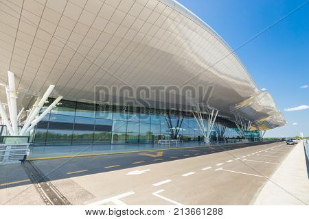 ZAGREB AIRPORT - 24 APRIL 2017: Exterior of arrivals terminal.