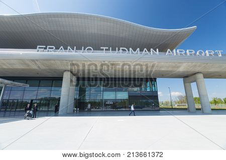 ZAGREB AIRPORT - 24 APRIL 2017: Front entrance with sign Franjo Tudman Airport.