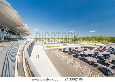 ZAGREB AIRPORT - 24 APRIL 2017: Exterior of arrivals terminal.