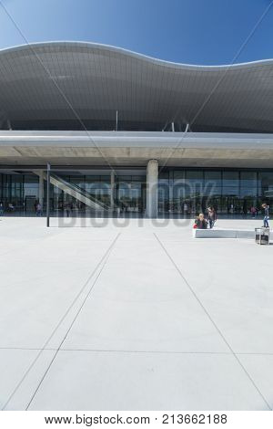 ZAGREB AIRPORT - 24 APRIL 2017: Front entrance with sign Franjo Tudman Airport.