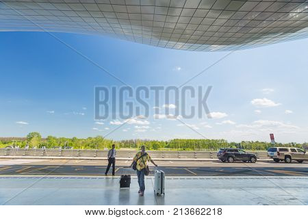 ZAGREB AIRPORT - 24 APRIL 2017: Exterior of arrivals terminal.